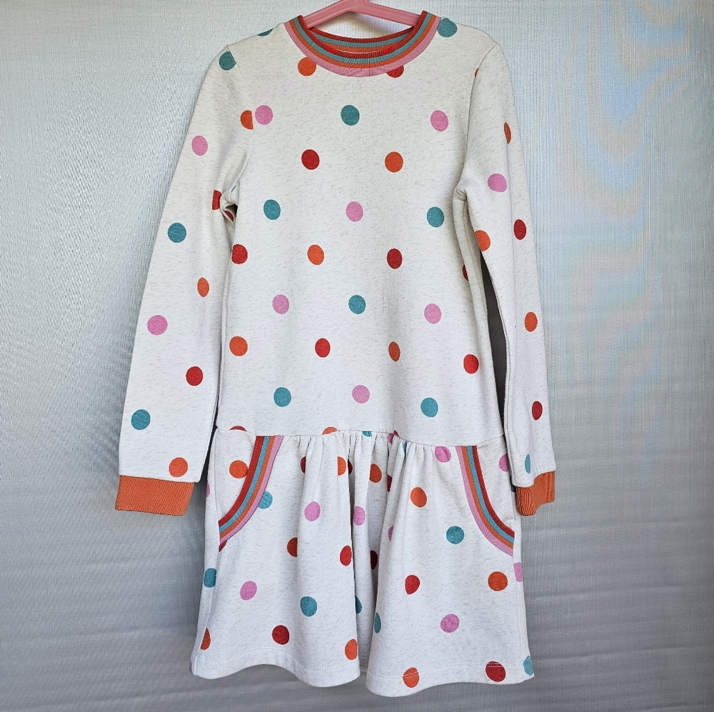 Mini Boden Striped Top with Red, Orange, and Blue Polkadot Dress, Pockets 9-10yr